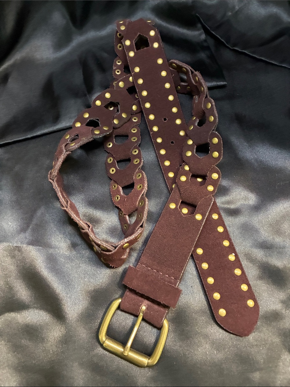 Vintage Brown Studded Suede Belt with Brass Buckle